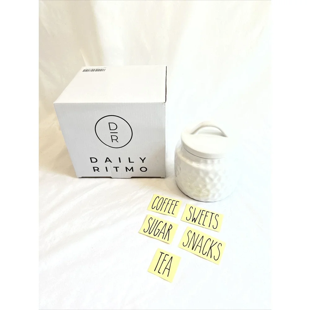 White Ceramic Dimpled Canister With Labels Daily Ritmo 32‎ oz Capacity Airtight